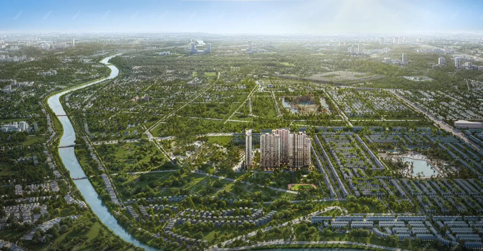 Phối cảnh tổng thể The CityOn giữa khu đô thị, bầu trời chiều