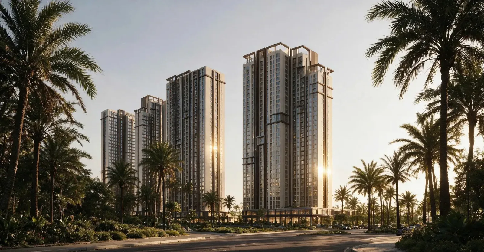 Phối cảnh The CityOn trong nắng chiều, hàng cọ hai bên đường