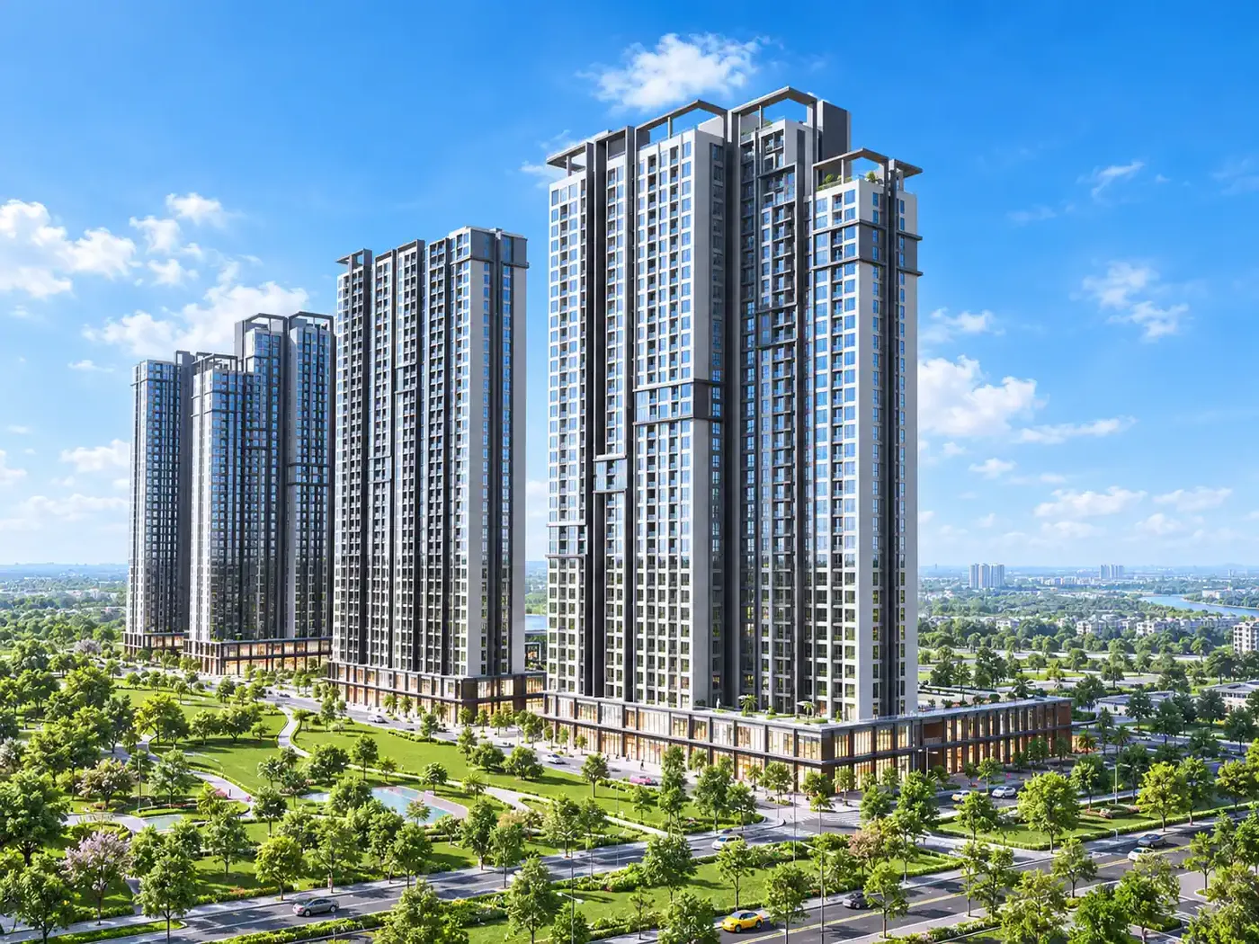 Phối cảnh toàn cảnh các tòa Zone A The CityOn giữa công viên
