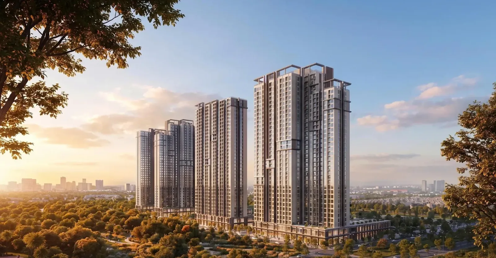 Phối cảnh Zone A The CityOn lúc hoàng hôn, mảng cây xanh phía trước