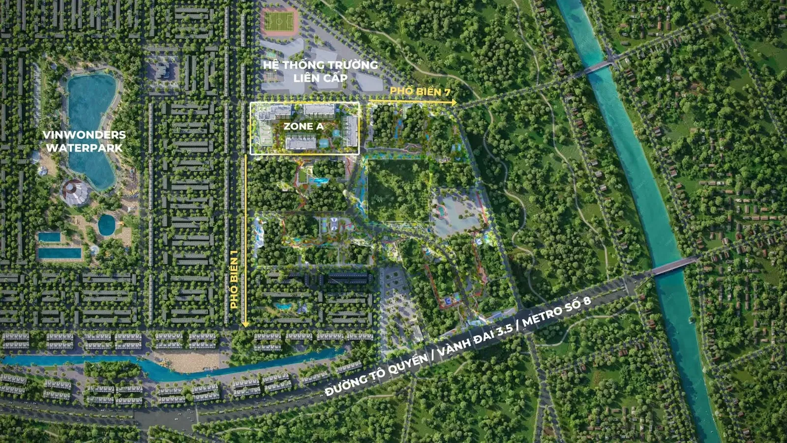 Mặt bằng quy hoạch Zone A The CityOn với trục Phố Biển 1 và Phố Biển 7