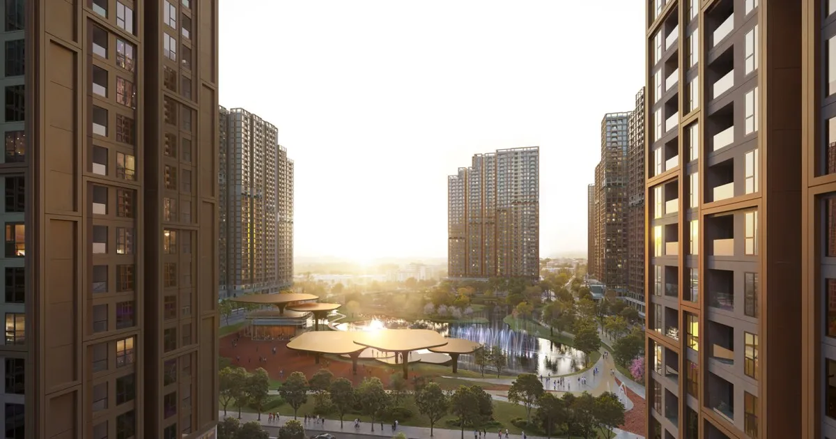 Phối cảnh các tòa căn hộ The Parkland quanh công viên trung tâm