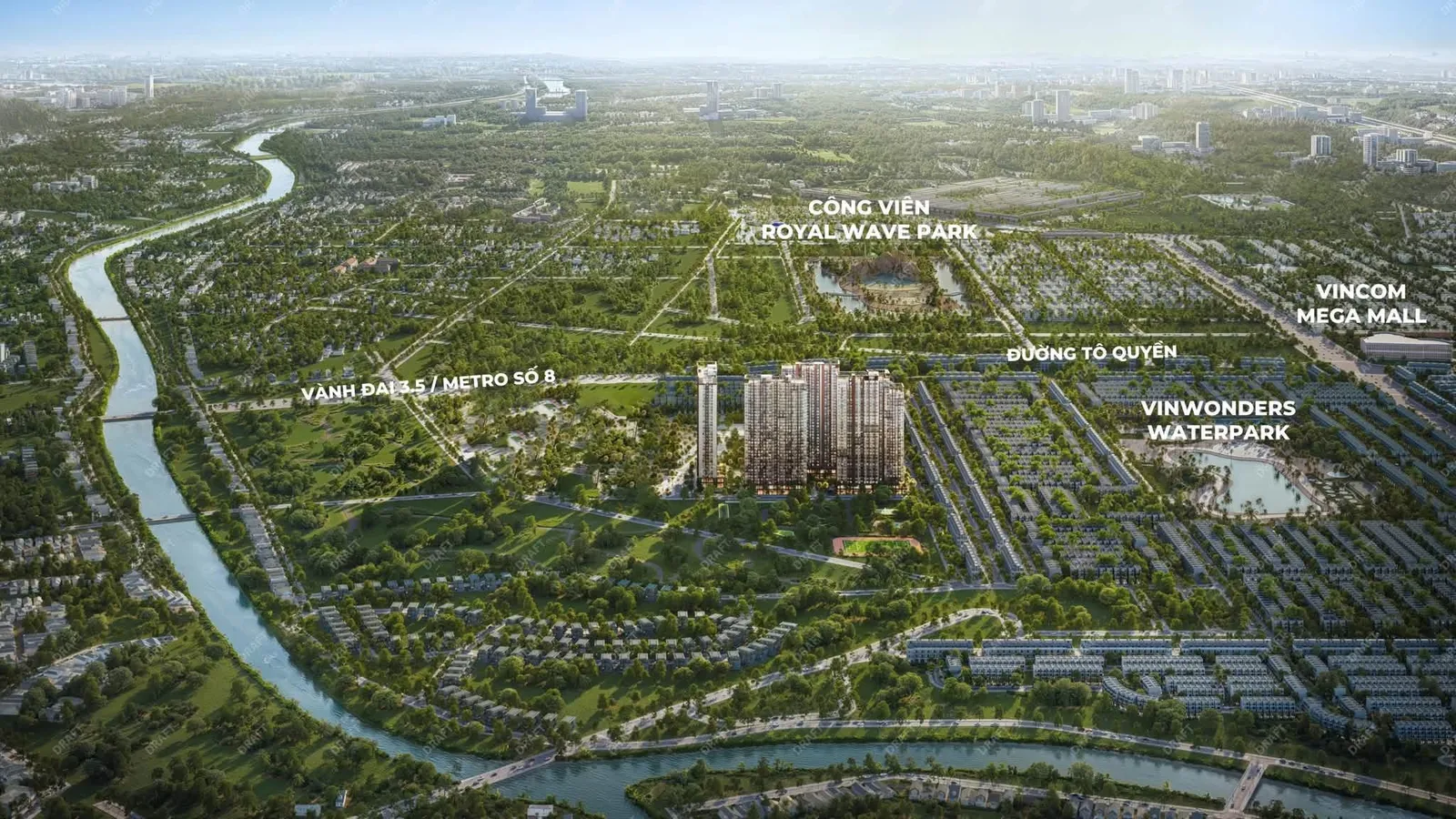 Sơ đồ vị trí The CityOn nhìn từ trên cao với các nhãn Vincom Mega Mall, VinWonders Waterpark, Royal Wave Park