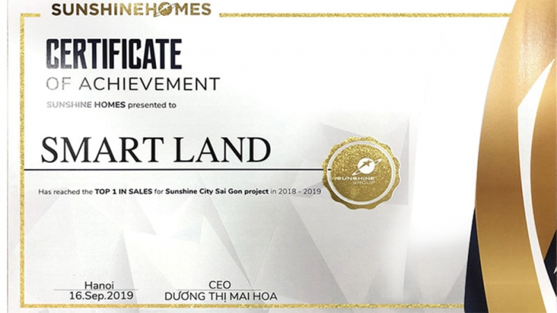 Giấy chứng nhận Smartland đạt top 1 phân phối dự án Sunshine CIty Sài Gòn