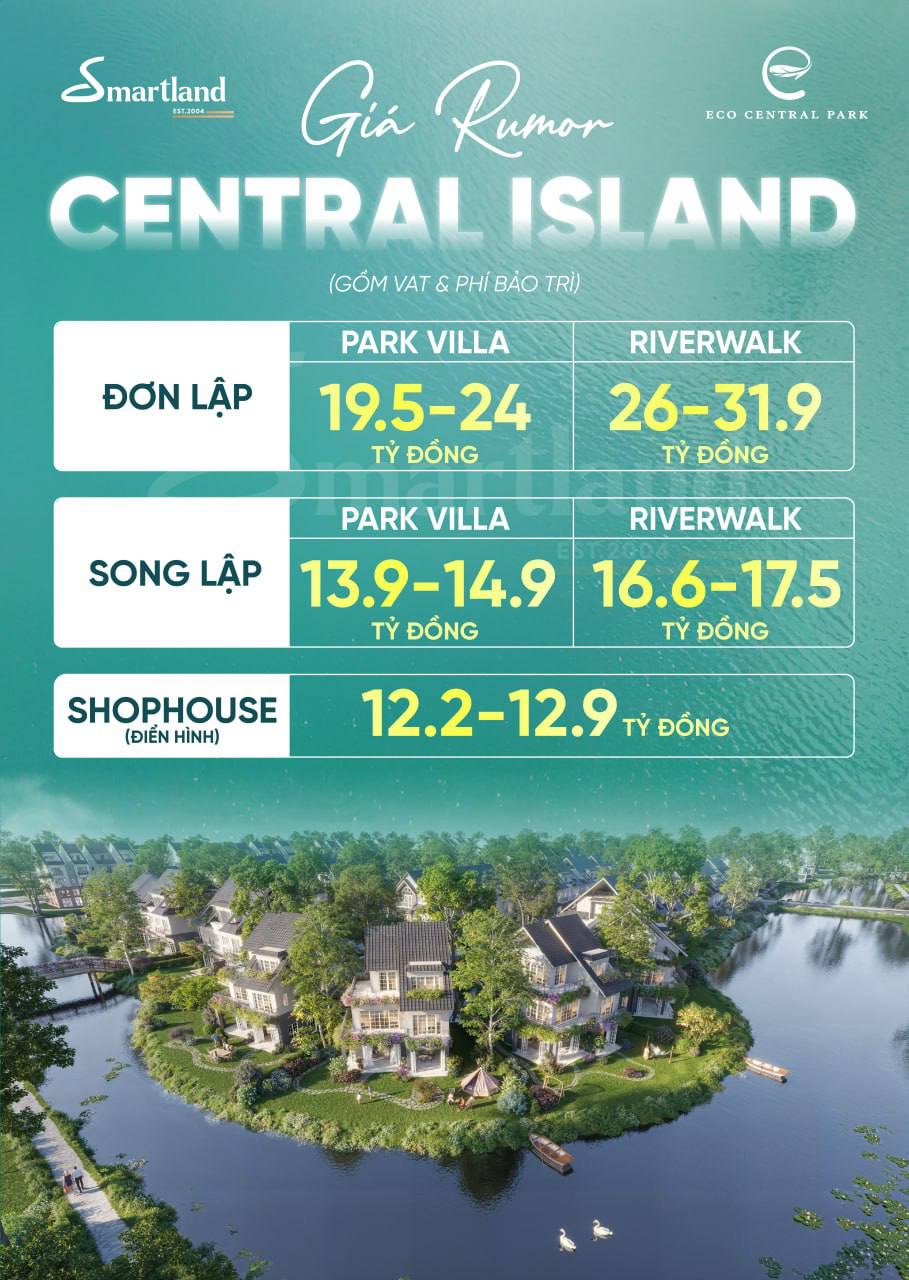 Giá bán rumor các dòng sản phẩm tại Central Island - Eco Central Park
