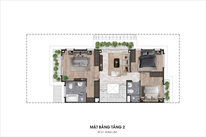 Mặt bằng thiết kế điển hình tầng 2 biệt thự công viên Central Bay