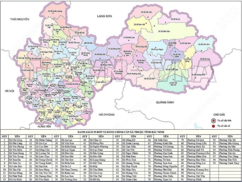 Bản đồ hành chính Bắc Ninh mở rộng sau sáp nhập 2025 – trung tâm hành chính đặt tại TP Bắc Giang.
