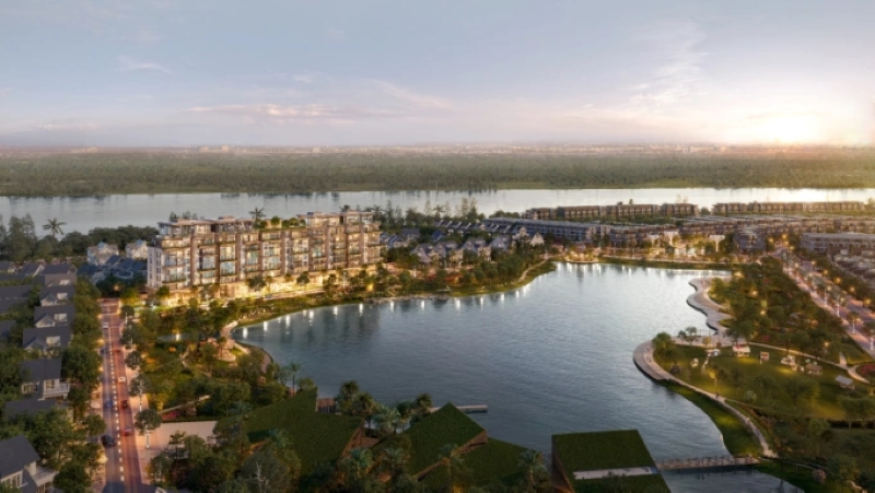 Tổng quan dự án Swanlake Residences Ecopark Nghệ An nhìn từ trên cao, bao quanh bởi hồ Thiên Nga và sông Lam.