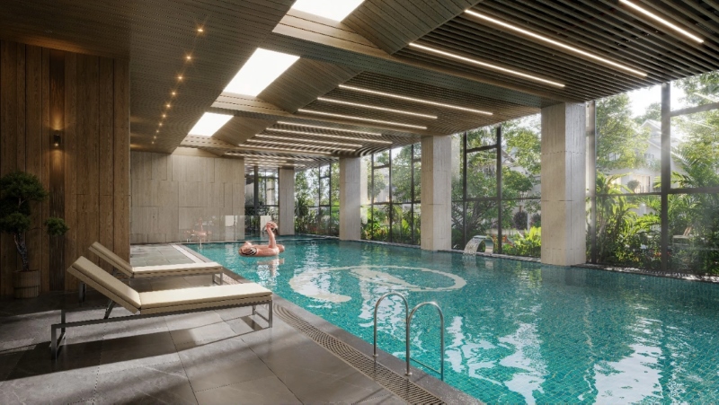 Không gian tiện ích chuẩn resort: hồ bơi điện phân muối trong nhà, khu gym – yoga, khu vui chơi trẻ em và lounge thư giãn.