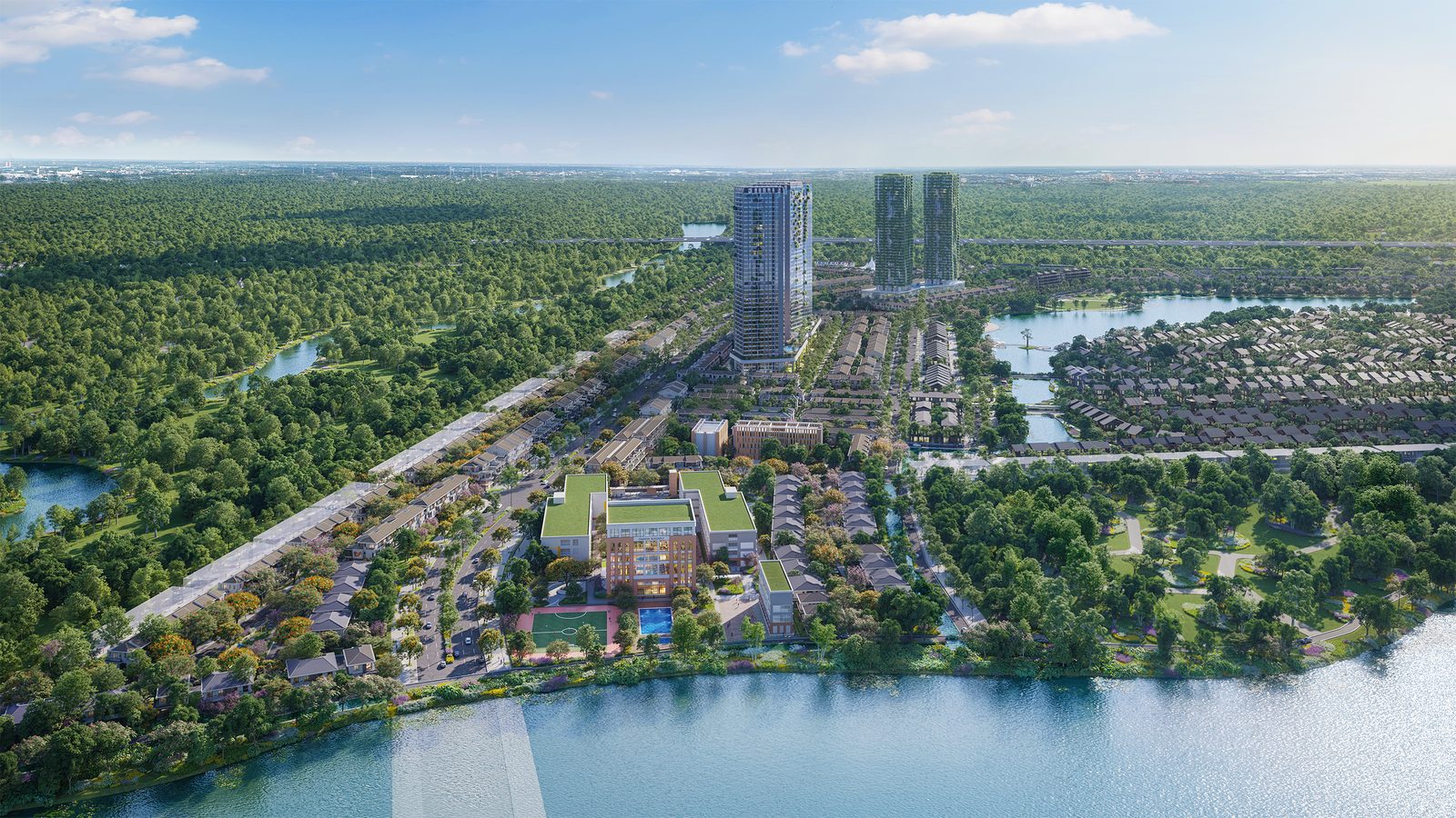 Phối cảnh tổng thể phân khu Rừng Phượng Eco Retreat với cụm trường Edison giữa phân khu