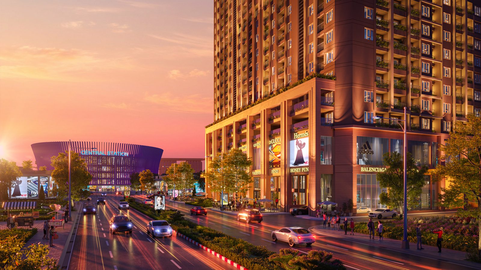 Chân tháp The Charms Bình Dương (Nam Mekong Grand Plaza) đối diện nhà ga Central Station (phối cảnh minh họa)