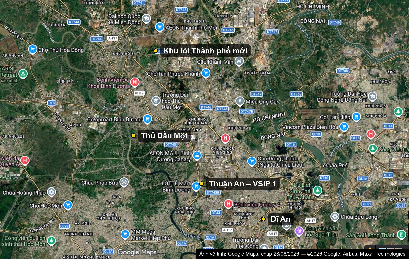 bản đồ vệ tinh 4 khu chung cư bình dương: thành phố mới, thủ dầu một, thuận an, dĩ an