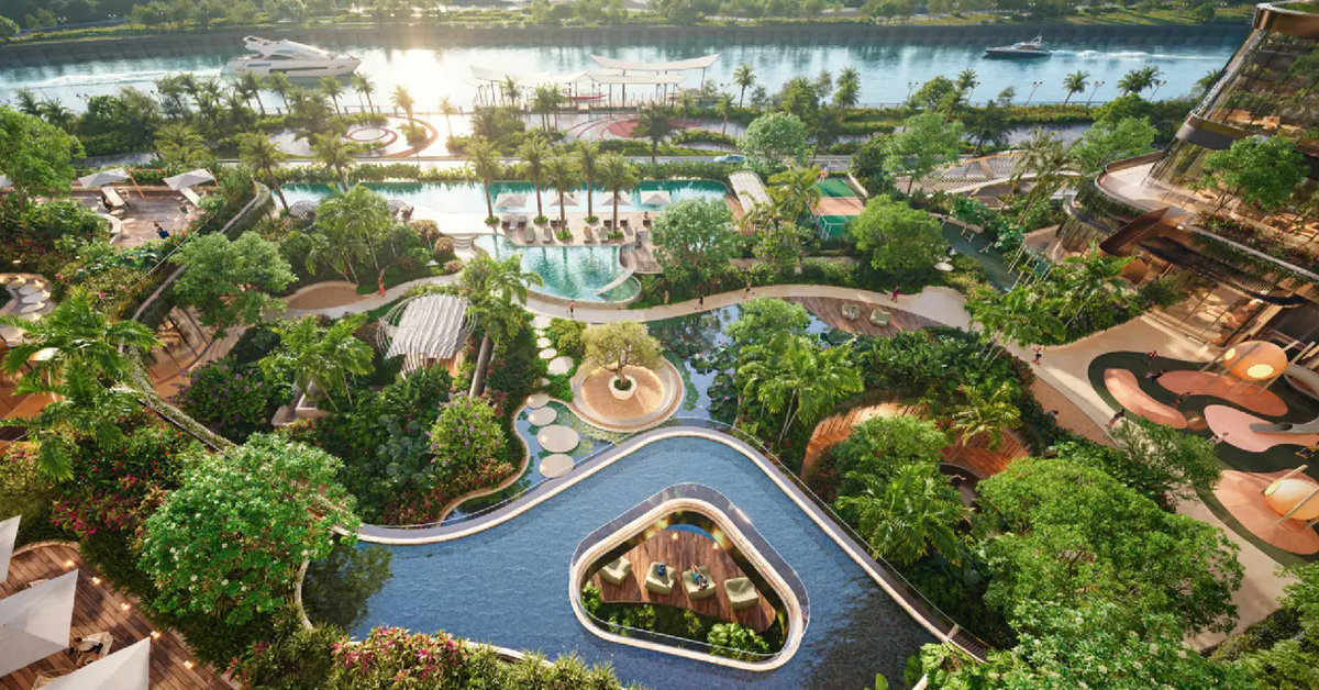 phối cảnh hồ bơi và cảnh quan nội khu chuẩn resort của palm river