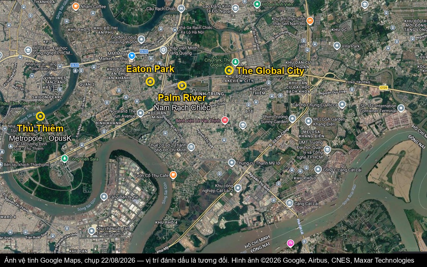 vị trí eaton park, the global city, palm river và thủ thiêm trên ảnh vệ tinh khu đông