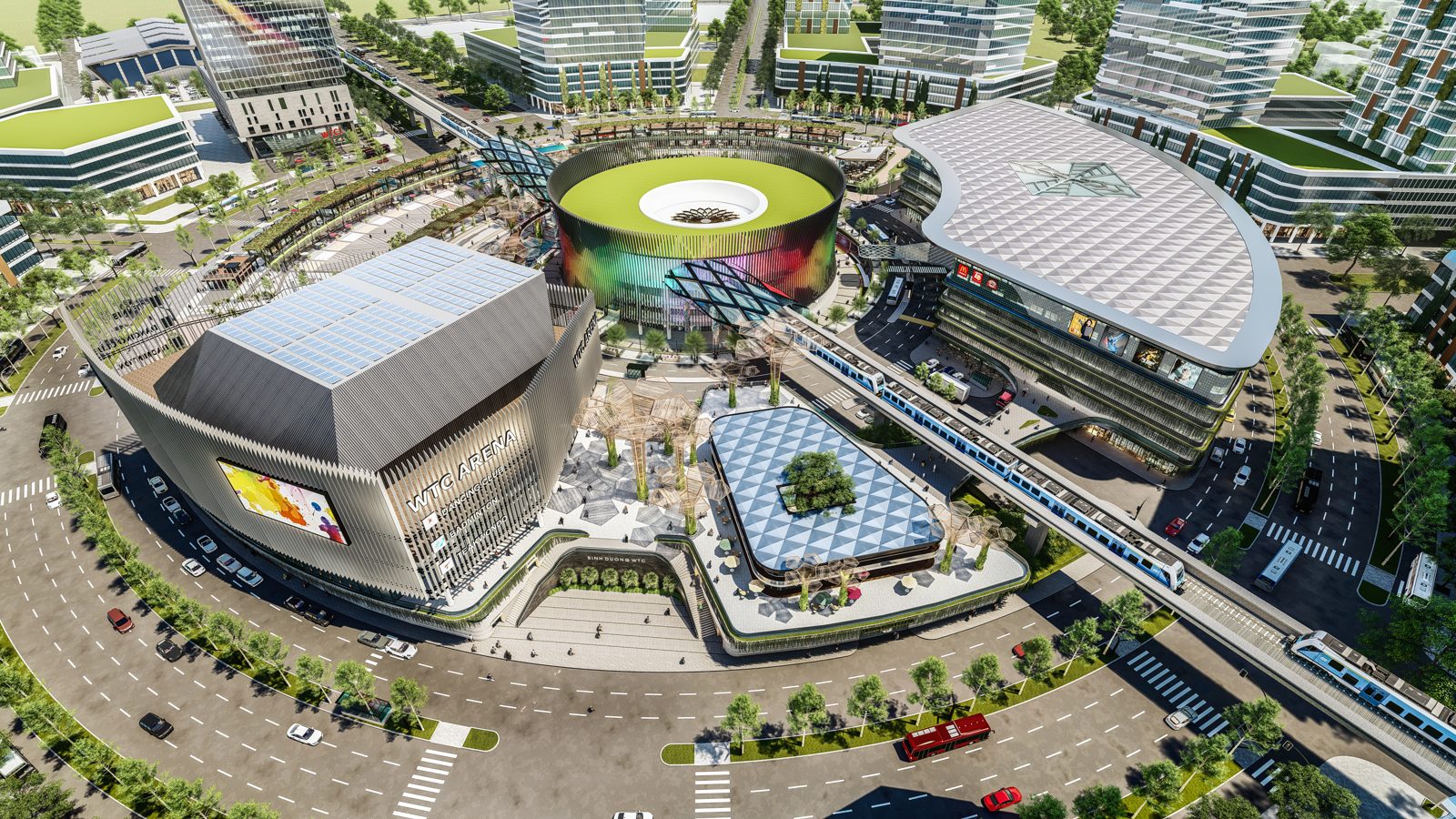 Phối cảnh tổng thể cụm WTC Bình Dương: WTC Arena, Central Station và khối thương mại quanh vòng xoay trung tâm