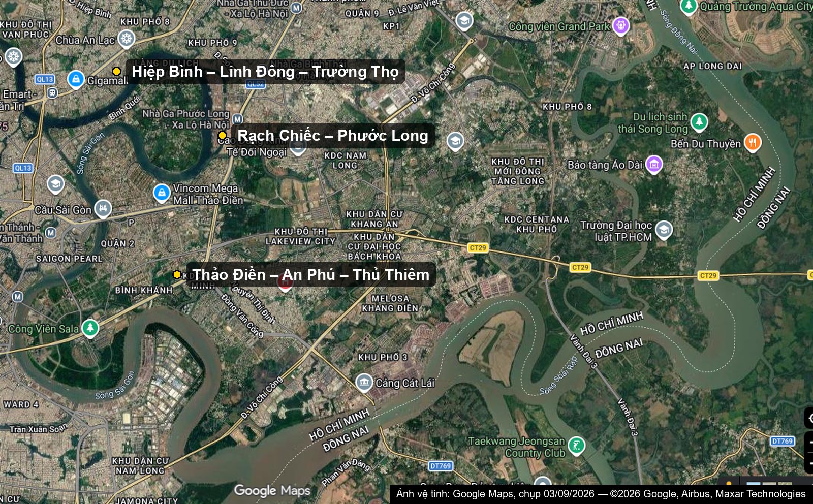 ba vùng thị trường chung cư thủ đức trên ảnh vệ tinh