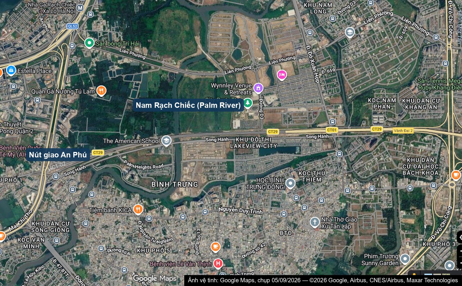 vị trí nút giao an phú và khu nam rạch chiếc palm river trên ảnh vệ tinh