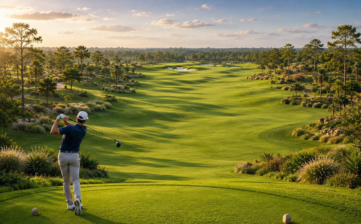 phối cảnh sân golf tại Vinhomes Green Paradise, người chơi phát bóng trên fairway