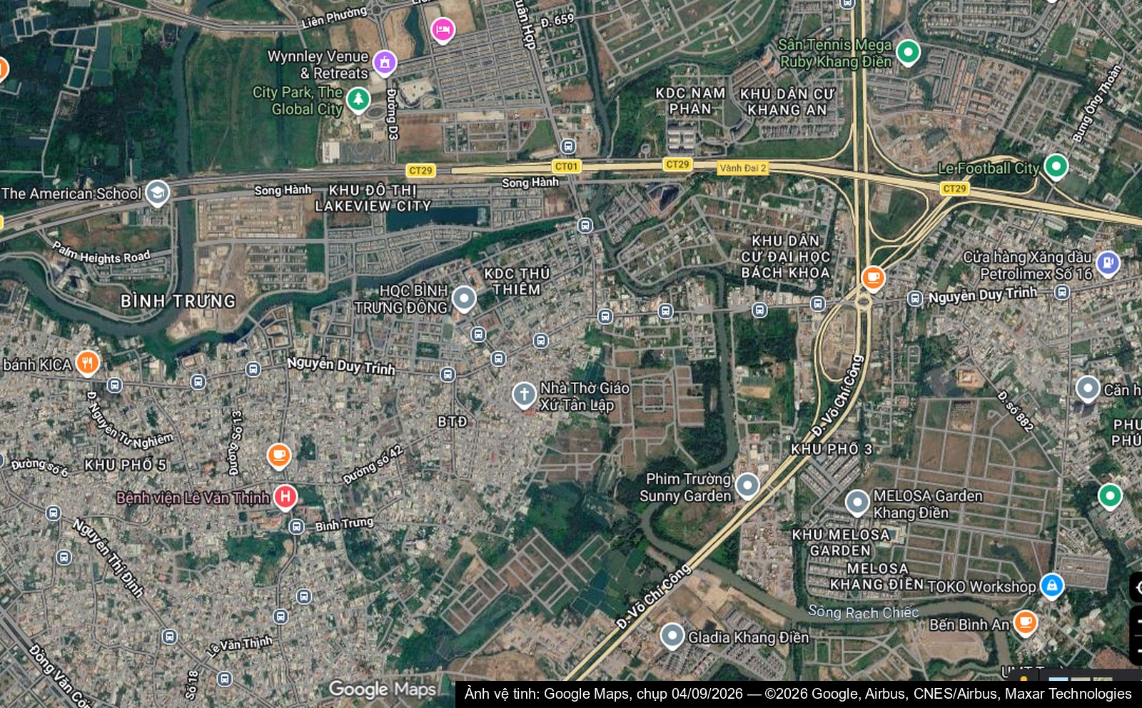 the global city quận 2 trên ảnh vệ tinh cạnh cao tốc Long Thành và nút giao An Phú
