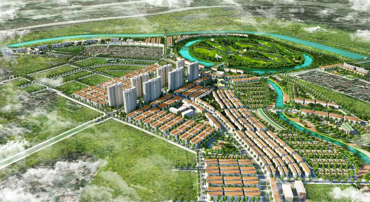 Phối cảnh tổng thể Vinhomes King Park nhìn từ trên cao, lõi công viên hình bầu dục và sông Cầu bao quanh