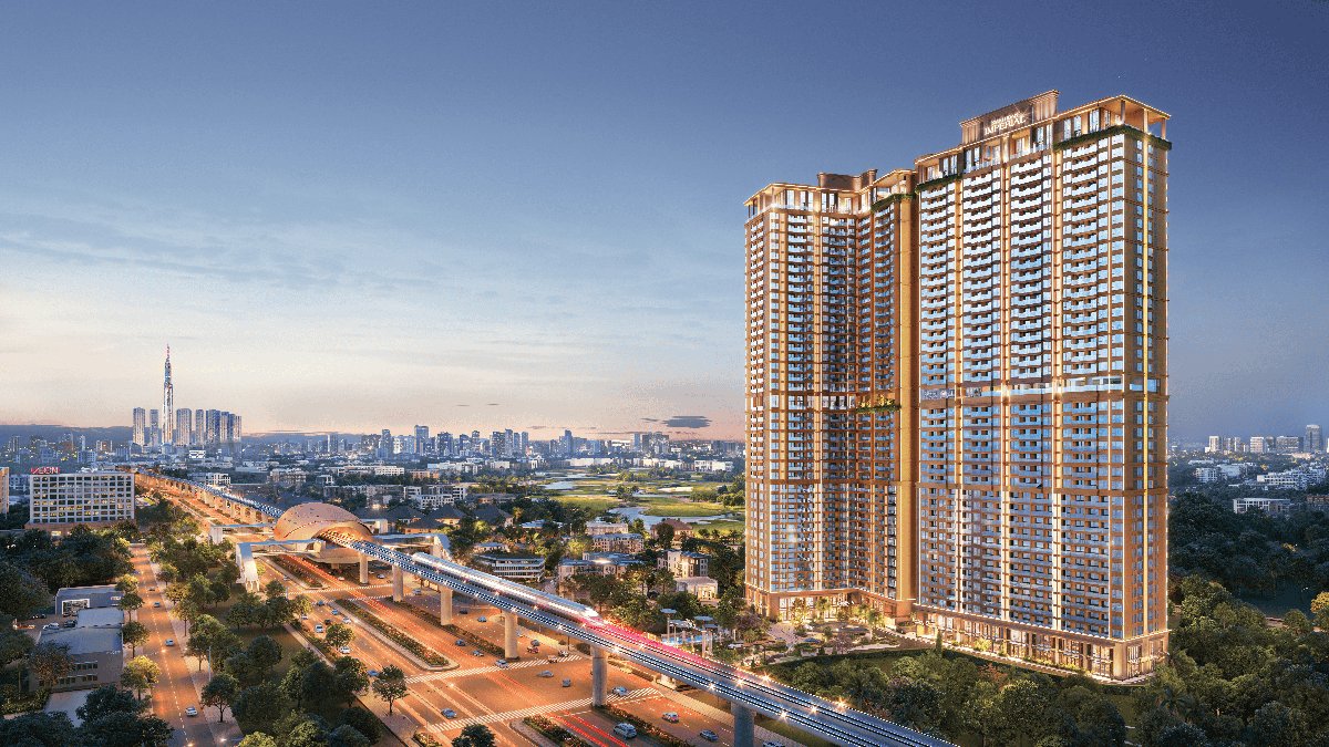 phối cảnh khải hoàn imperial hai tòa tháp mặt tiền quốc lộ 13 cạnh tuyến metro